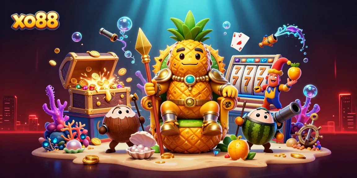 Engage in xo88's thrilling casino experience with vibrant slots and captivating characters in a digital ocean setting.