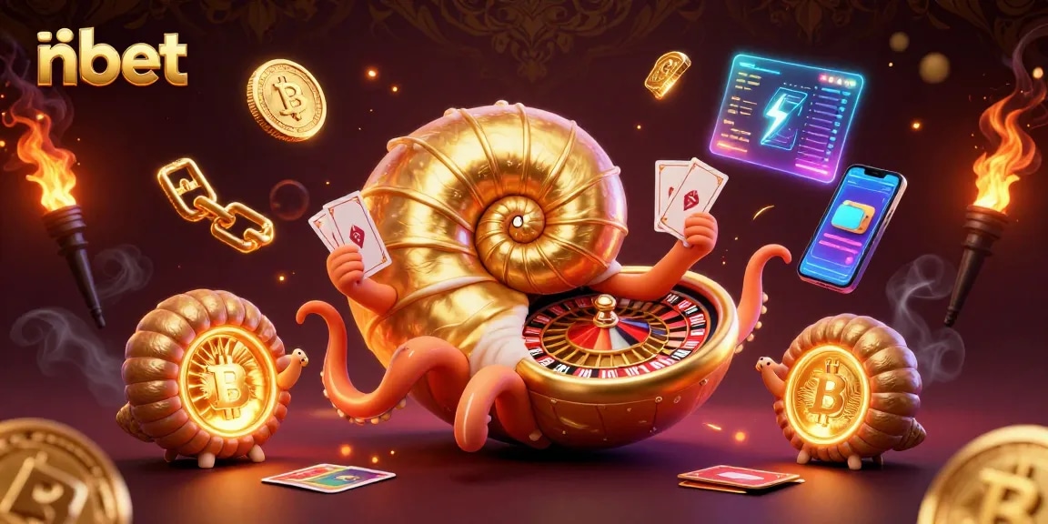 Experience the thrill of nbet with a stunning 3D rendering of a casino scene featuring a winning nautilus and vibrant crypto elements.