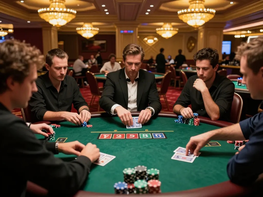 Players strategizing during an intense poker game, highlighting j88 bets and excitement in a lavish casino.