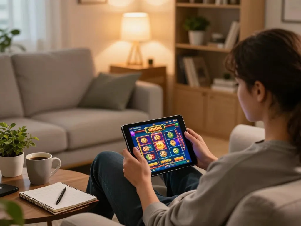 Engaged player enjoying rokok 88 online slots on tablet with cozy home setup.