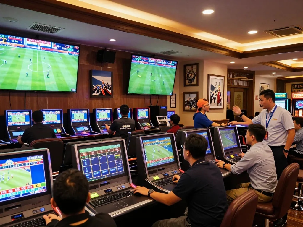 A lively sports betting lounge featuring enthusiastic patrons placing bets on kèo nhà cái, with multiple screens displaying soccer matches.