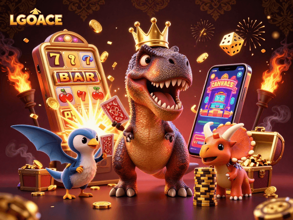 Experience thrilling wins at LGOACE with a vibrant casino scene featuring playful dinosaurs.