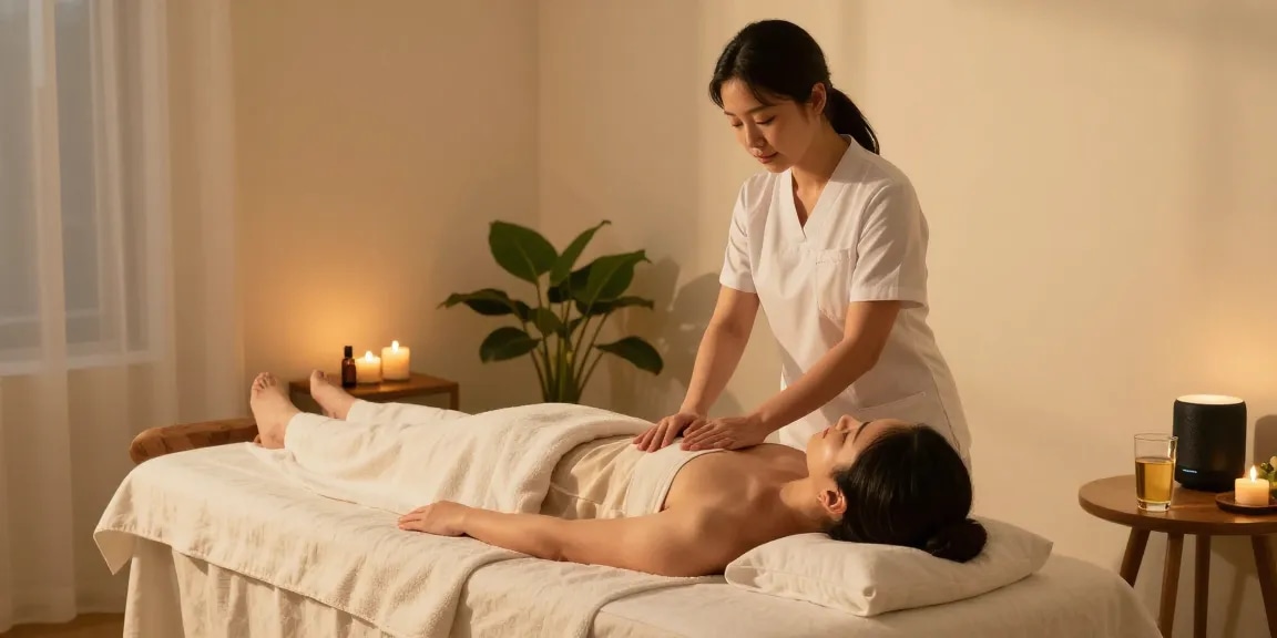 Professional therapist providing 부천출장 안마 in a serene home spa environment with relaxing elements.