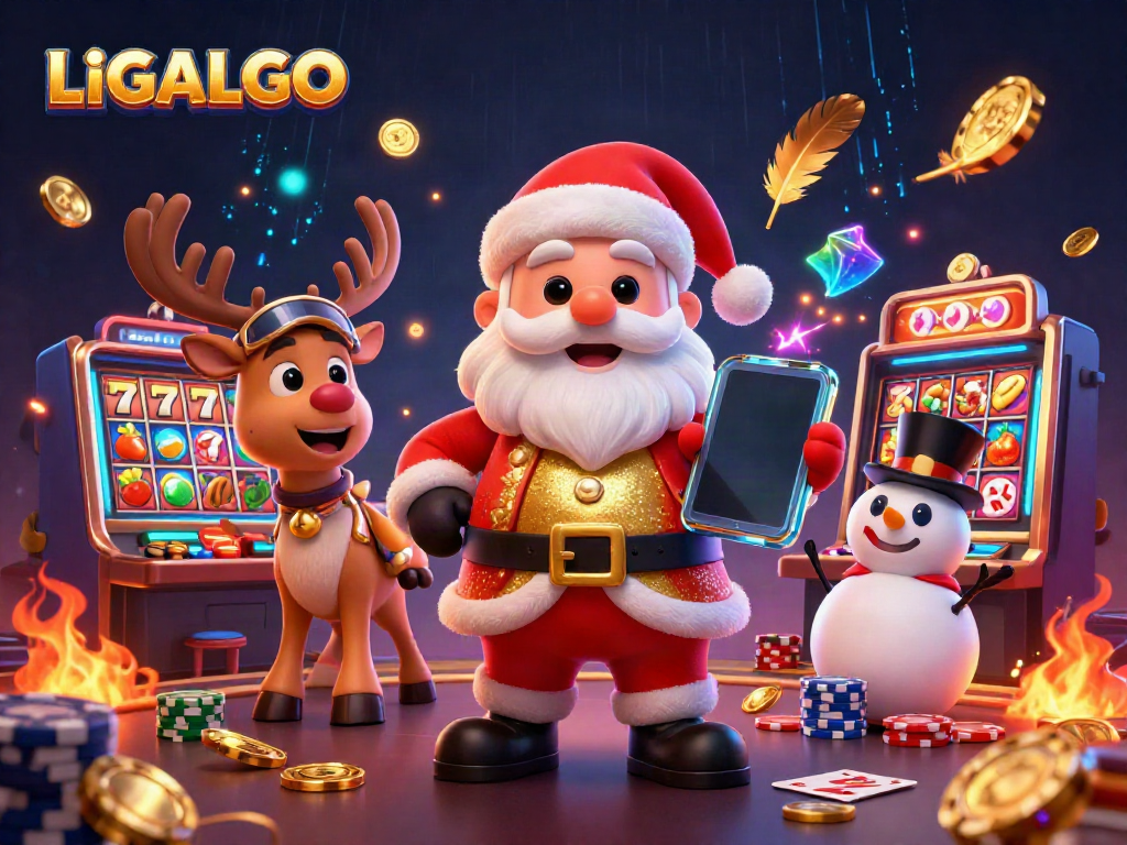 LIGALGO offers an exciting casino scene with Santa, his reindeer, and a snowman enjoying slots and games.