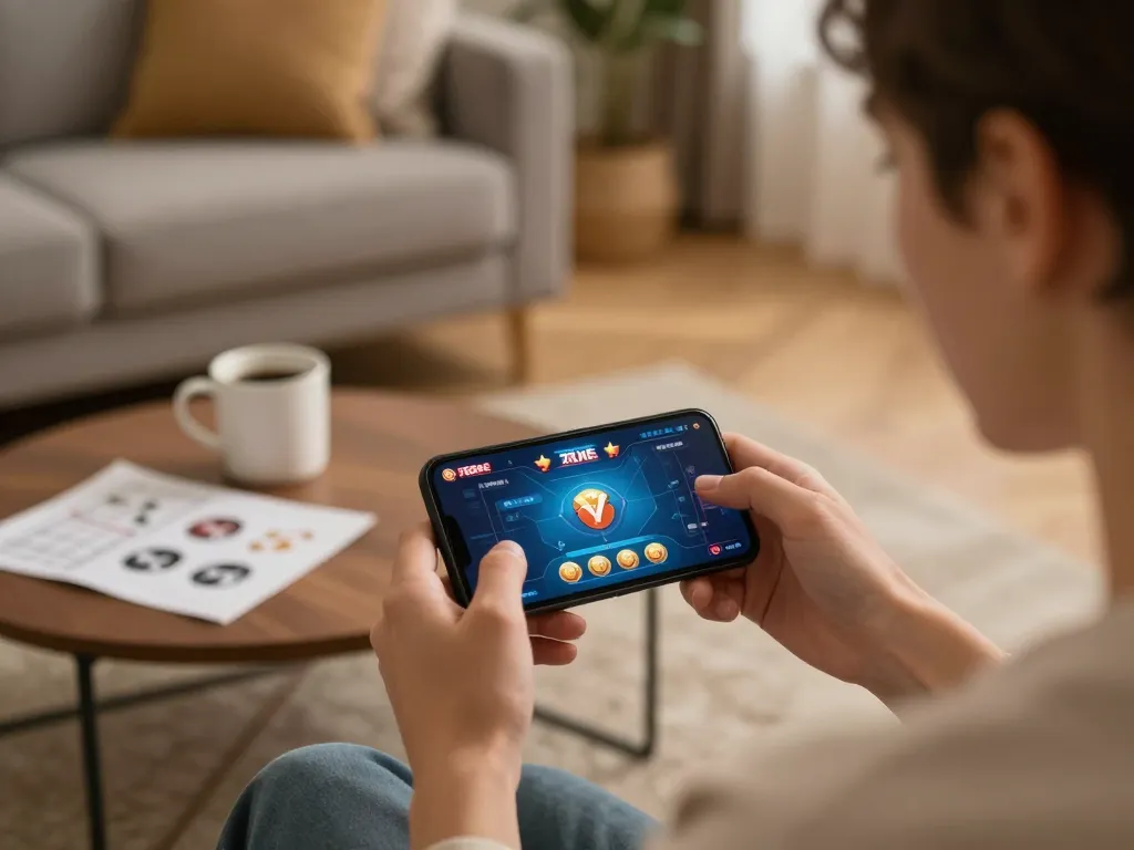 Engaging in mobile gambling with 789bet in a cozy home setting, enjoying strategic gameplay.