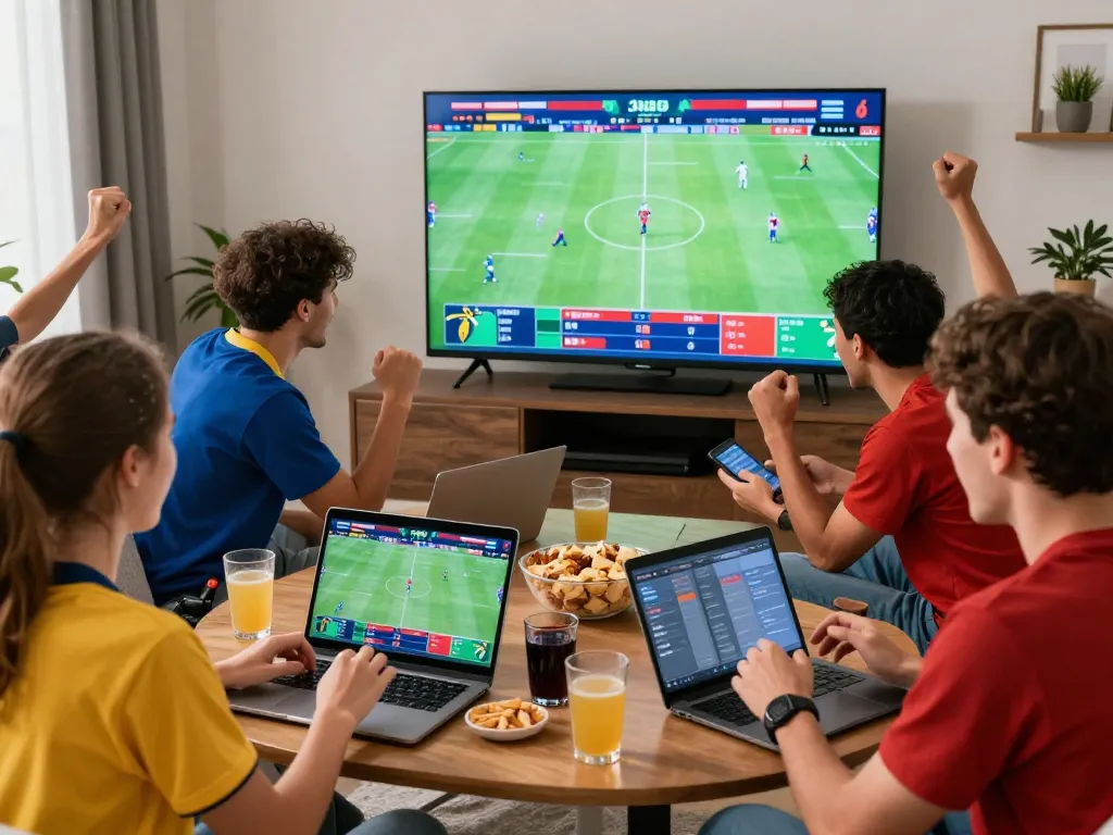Engaged friends enjoying Thể thao hubet88 while cheering for live sports events, showcasing an exciting sports betting atmosphere.