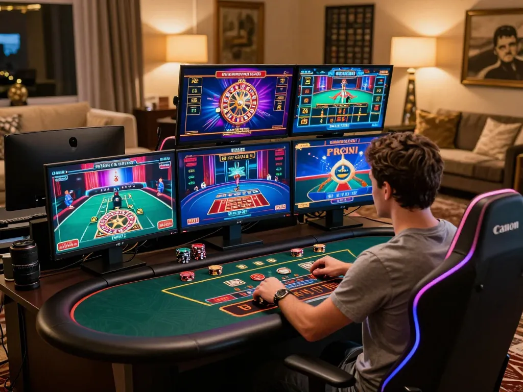 Engaged player at 3win online casino, focusing on multiple screens of live dealer games.