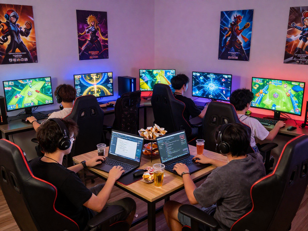 Players enjoying a vibrant gaming session at https://rokok88togel.com, focused on room simulator patterns with snacks and drinks.