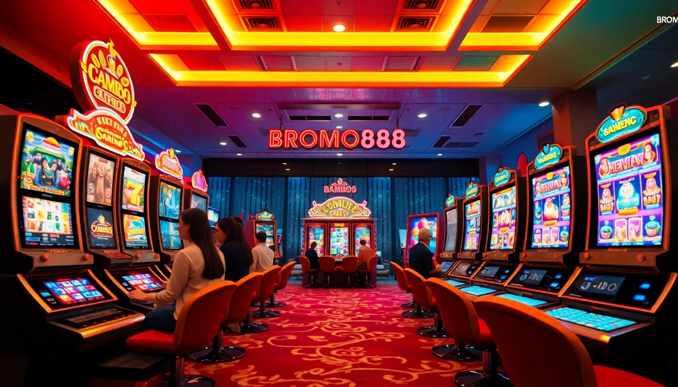 BROMO888 slot gaming scene with modern machines and vibrant atmosphere
