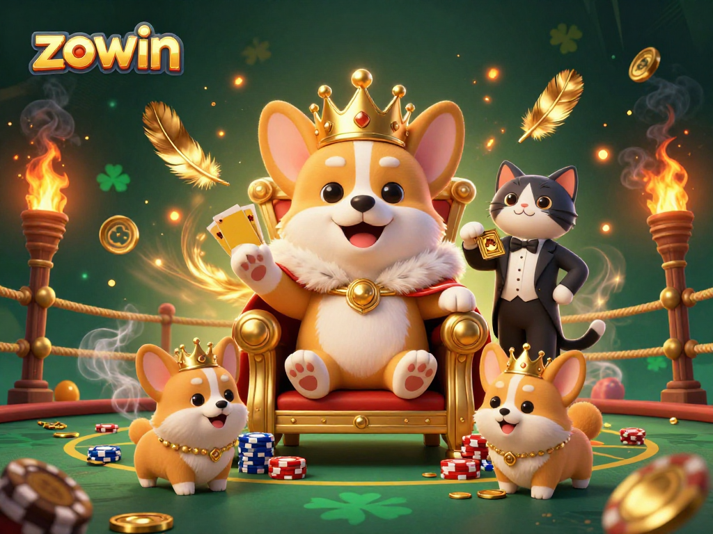 Zowin introduces a vibrant, royal gaming atmosphere featuring a corgi on a throne surrounded by gaming elements.