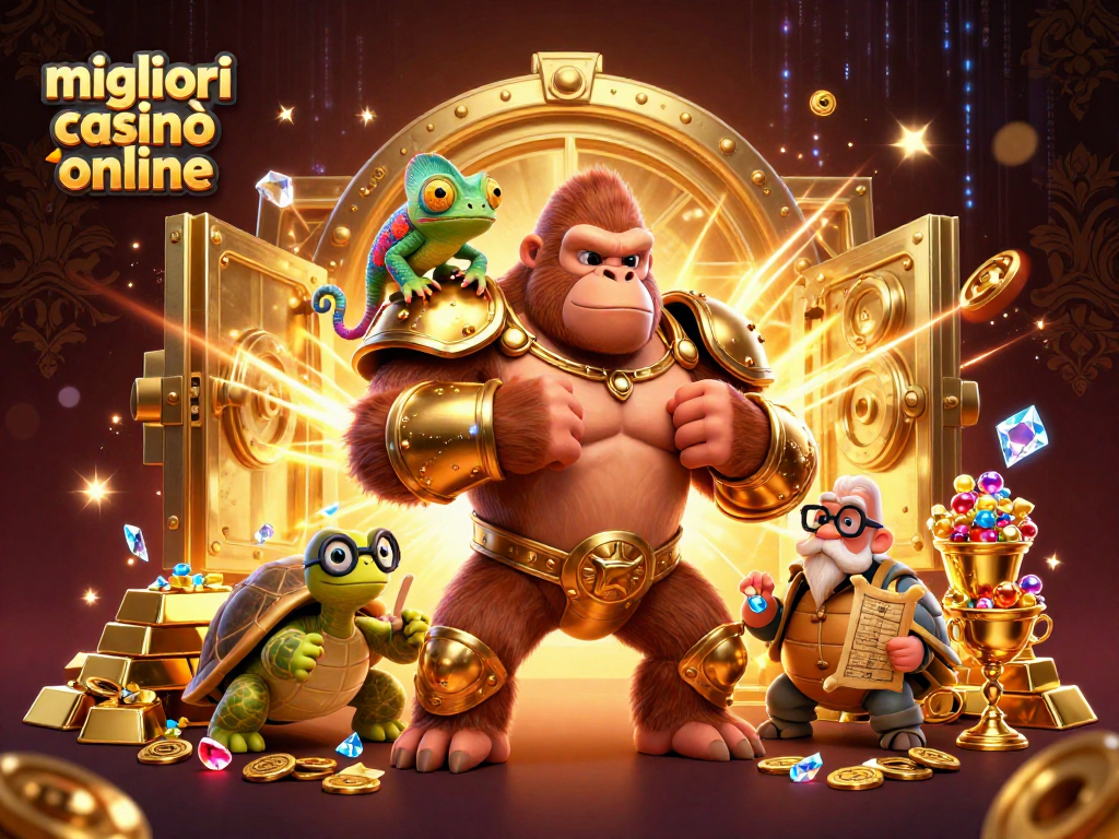 Gioca nei migliori casinò online con il potente gorilla e tesori brillanti in un'illustrazione 3D.