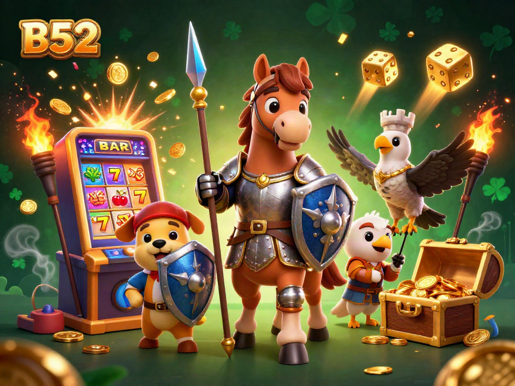 Experience exciting wins with B52 as medieval characters unveil a jackpot in a vibrant casino setting.