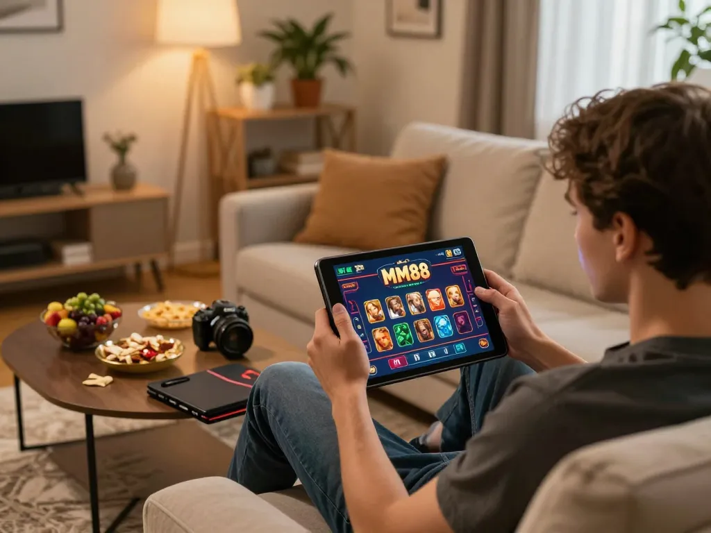 Engaging with the MM88 brand through online gaming on a tablet in a cozy home setting.