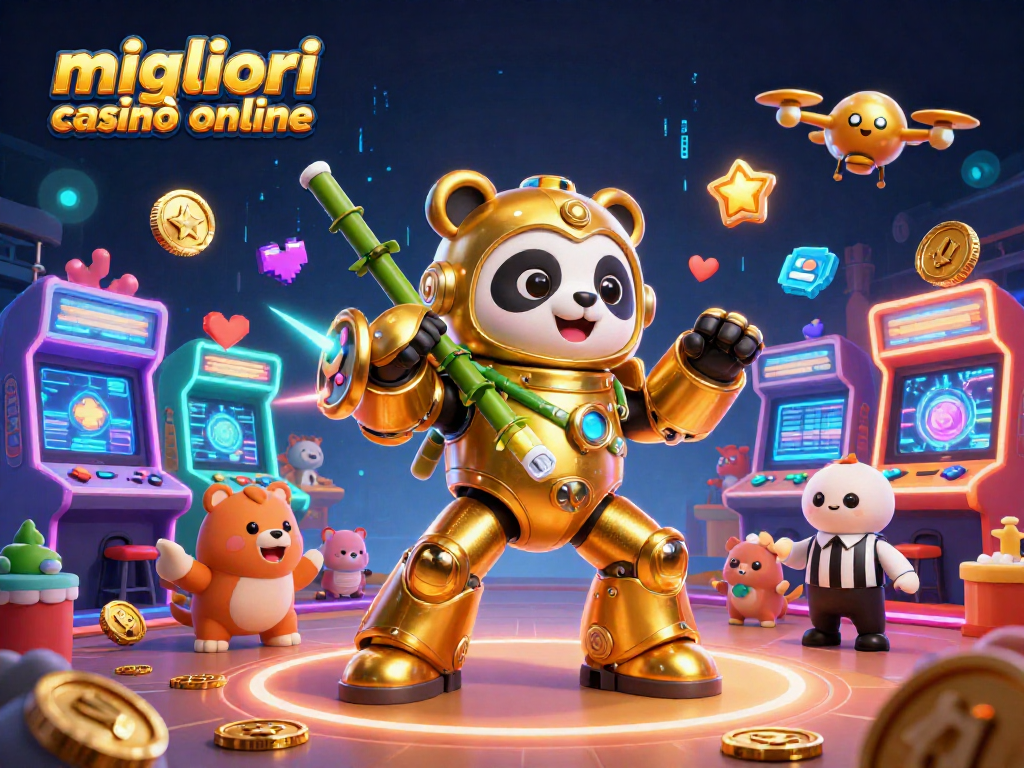 Immagine dei migliori casinò online con panda dorato e robot in un'arena colorata piena di giochi arcade.