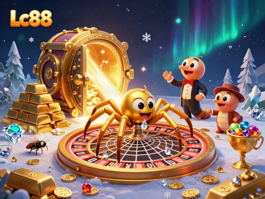 Bet big on Lc88 with a high-stakes casino scene featuring a golden spider spinning a roulette wheel.