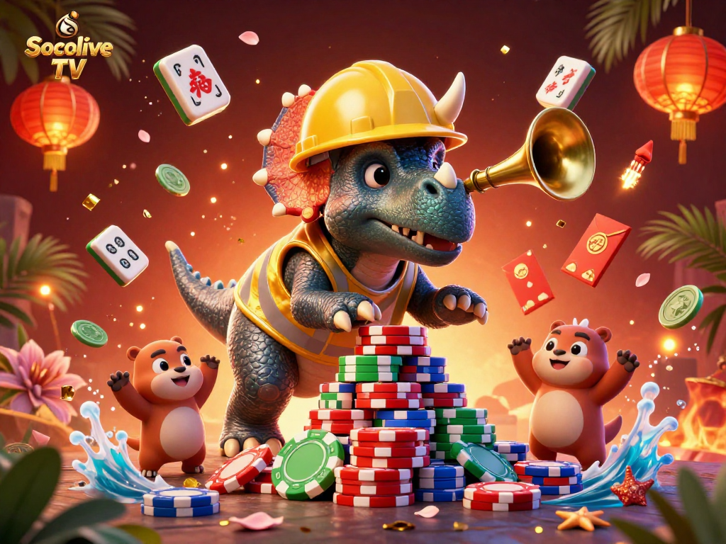 Celebrate gaming victories with Socolive TV's vibrant 3D casino illustration featuring fun characters.