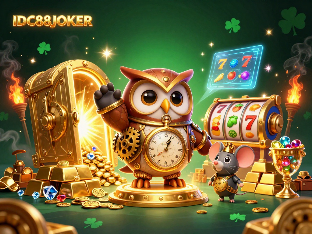 Experience IDC88JOKER casino adventure with a steampunk owl and treasures in a dynamic scene.