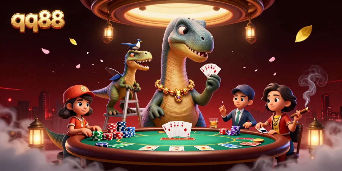Experience thrilling games at qq88 with a brontosaurus overseeing a dynamic poker scene.