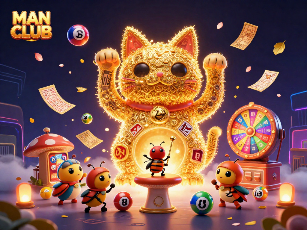 MAN CLUB showcases a vibrant casino scene with a lucky cat formed by fireflies, surrounded by lottery elements.