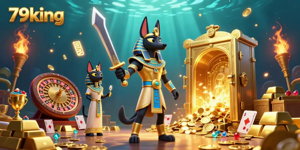 Engage with 79king in this vibrant live casino scene featuring Anubis and Bastet amidst treasures.