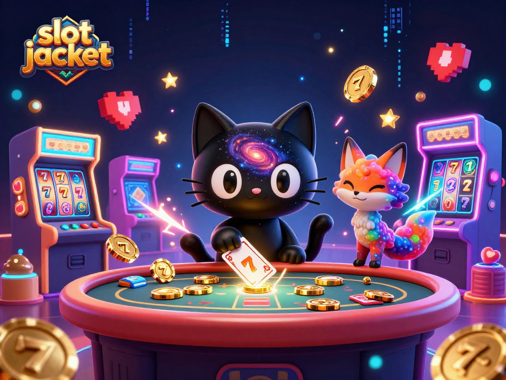 Join the fun with slot jackpot in this vibrant cosmic casino scene featuring a lucky black hole cat!