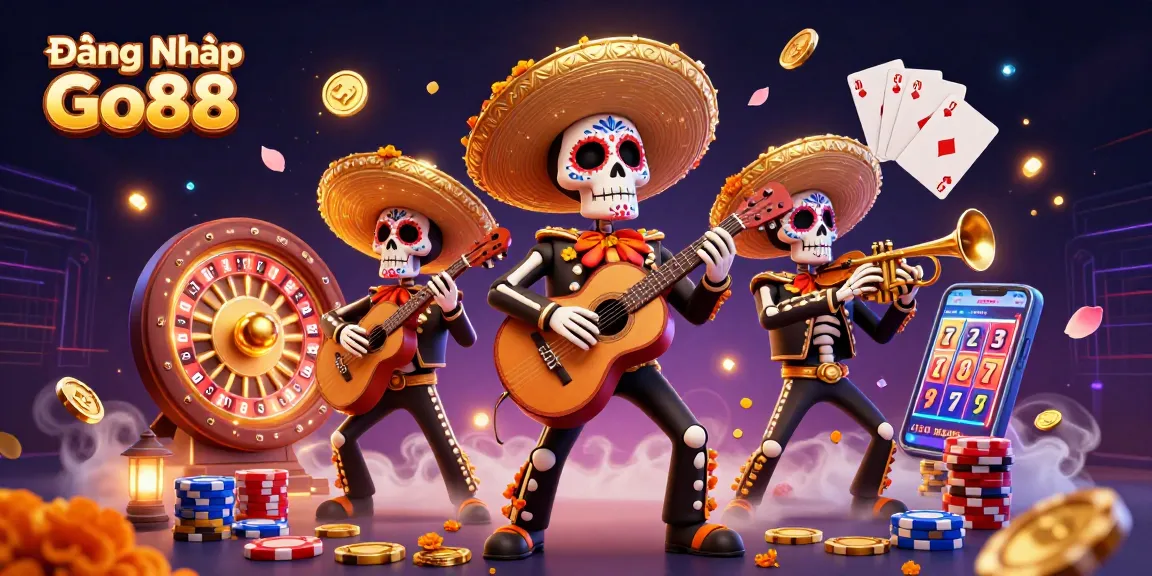 Join the fun at Đăng Nhập Go88 with vibrant gaming symbols and a lively mariachi band.