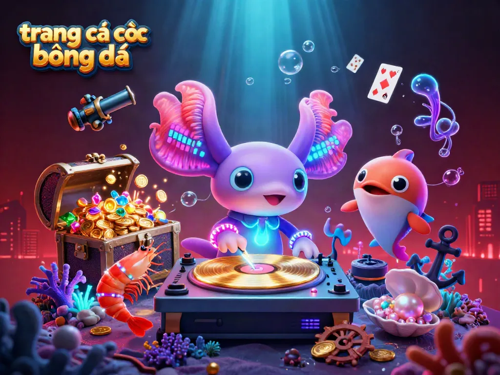 Trang cá cược bóng đá với DJ và sinh vật biển vui nhộn, tạo không khí sôi động cho game cá cược.