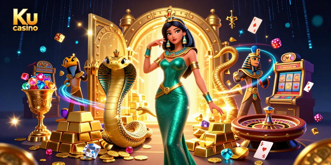 Play exciting games at Ku casino with an enticing 3D scene showcasing lavish casino elements, gold, and a mesmerizing snake.