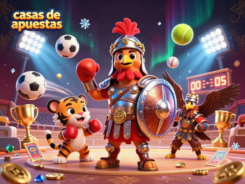 Las casas de apuestas en acción con un gallo guerrero y un tigre en un vibrante coliseo.