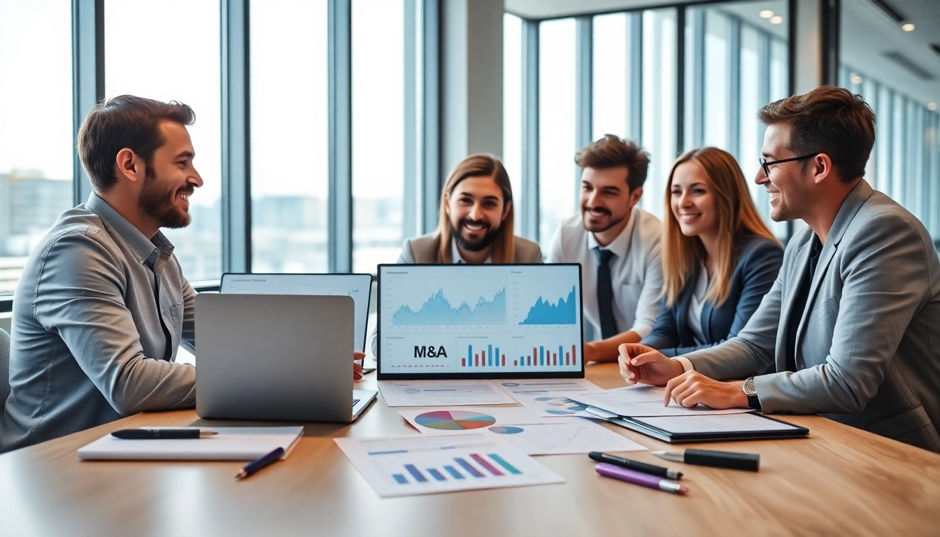 M&A 전문가들이 협력하는 모습과 함께 차트 및 그래프가 보이는 현대적인 사무실.