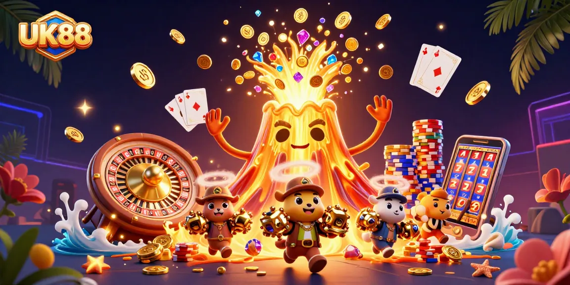Engage with the exciting UK88 casino adventure featuring golden volcanoes and treasure.