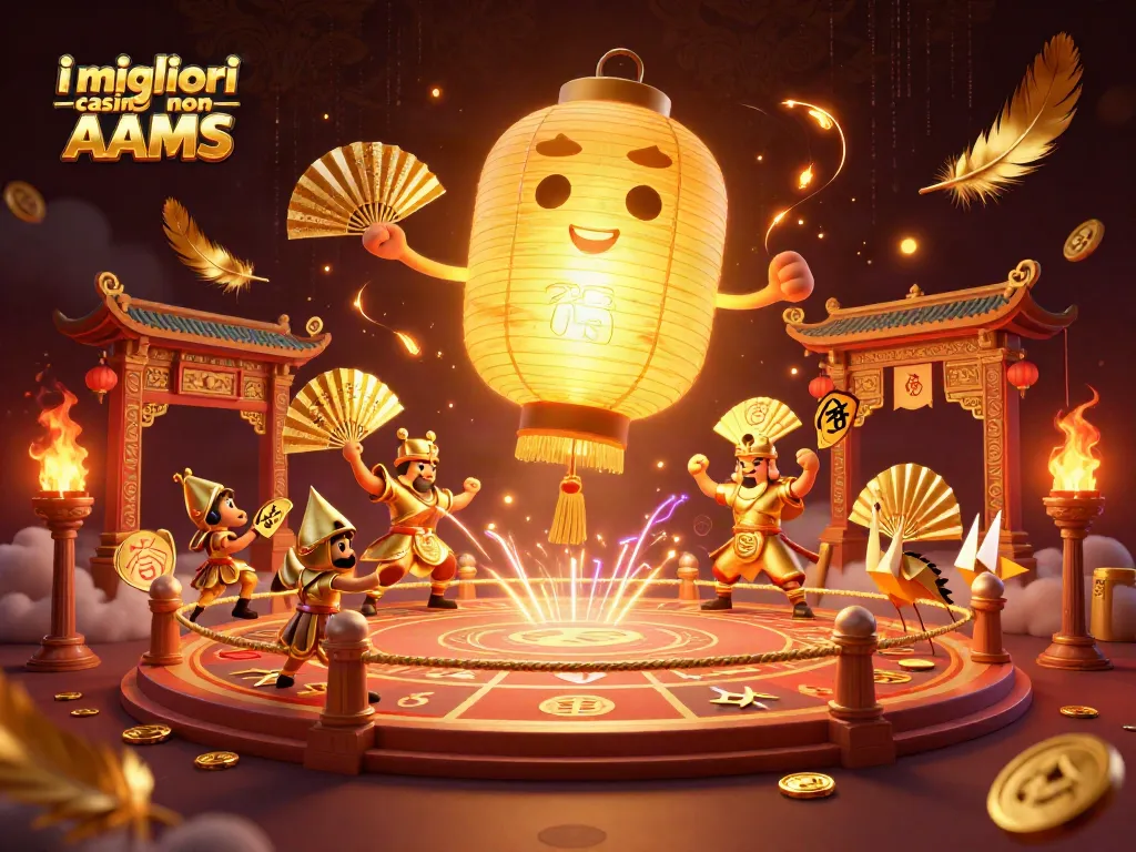 Gioca nei migliori casino non AAMS: illuminazione dorata e atmosfera di festa tra simboli fortunati.