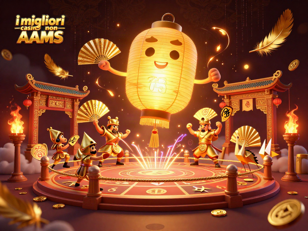 Gioca nei migliori casino non AAMS: illuminazione dorata e atmosfera di festa tra simboli fortunati.