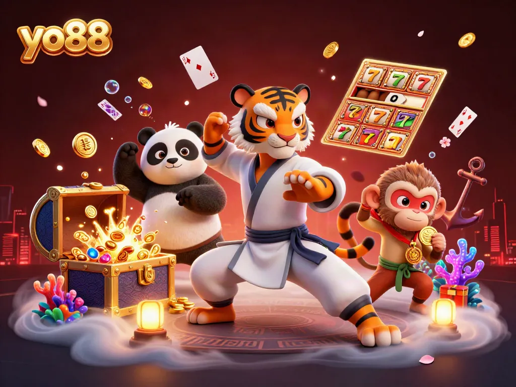 Engage with yo88's vibrant casino scene featuring a kung fu master and playful characters amid dynamic slot game elements.