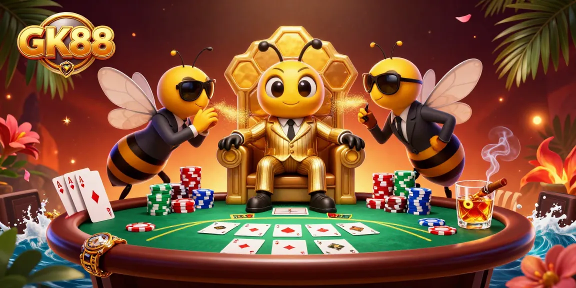 Engage in GK88's vibrant poker scene with cartoon mob boss and neon elements.