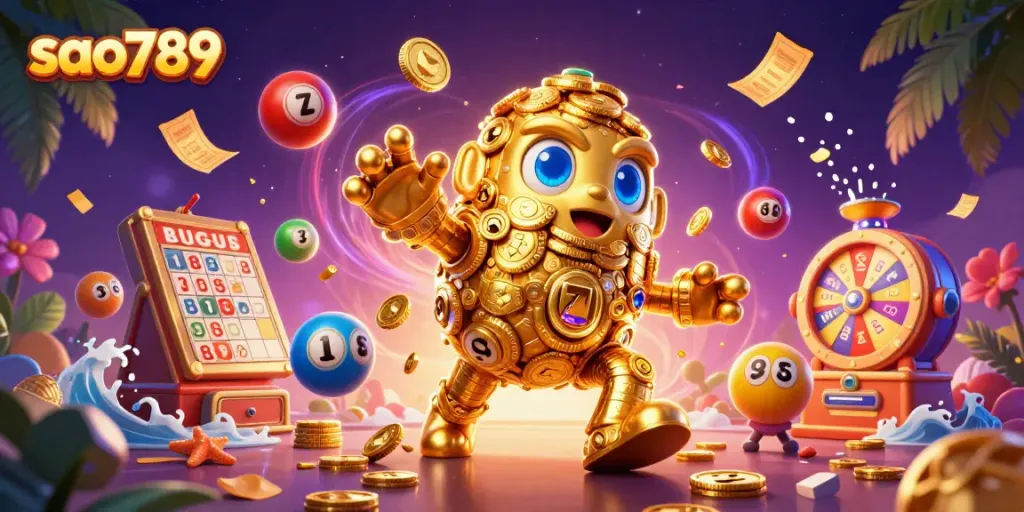 Play exciting games with sao789 at this dynamic casino scene featuring vibrant lottery elements.