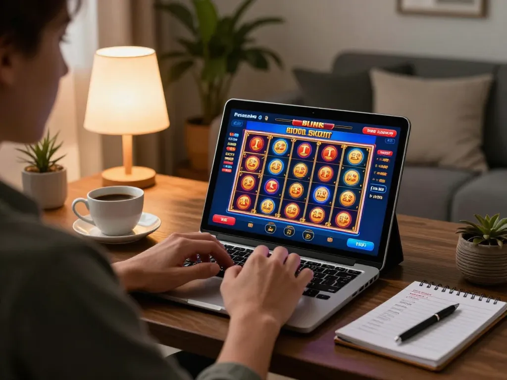 Person engaging in online gambling on 98win tablet with notes, emphasizing responsible gaming in a cozy home setting.