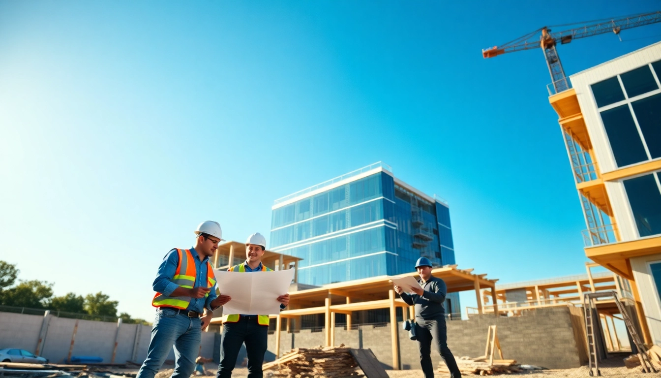 New Jersey Commercial General Contractor team collaborating on a construction project with blueprints.