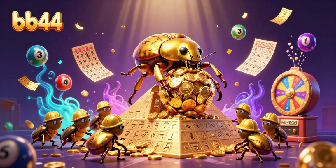 bb44 showcases a golden dung beetle amidst dynamic lottery elements, emphasizing casino excitement.