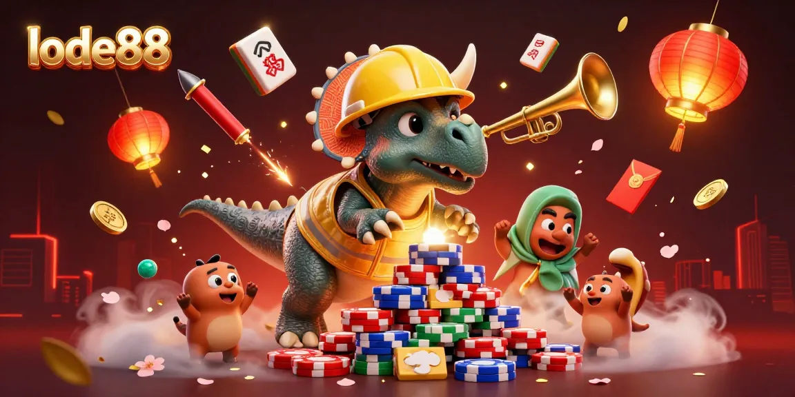 Lode88 offers a vibrant 3D celebration scene showcasing luck with poker chips and festive elements.
