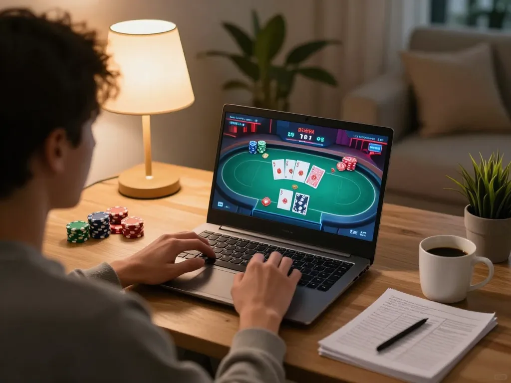 Join the excitement of 77WIN online gaming, as players engage with cards and chips in their cozy setup.