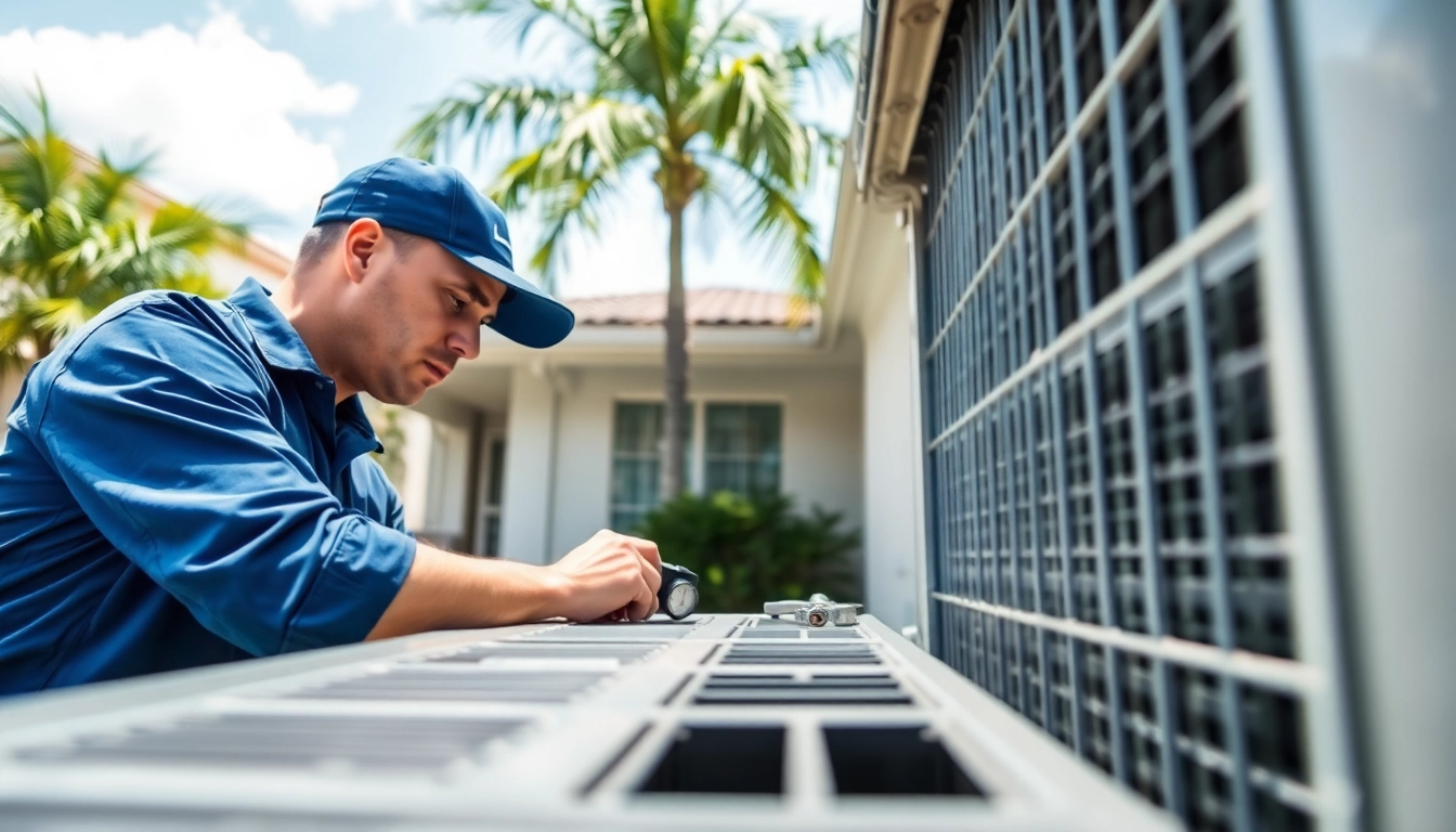 Professional HVAC technician performing AC Repair Tampa demonstrated in a bright suburban setting.