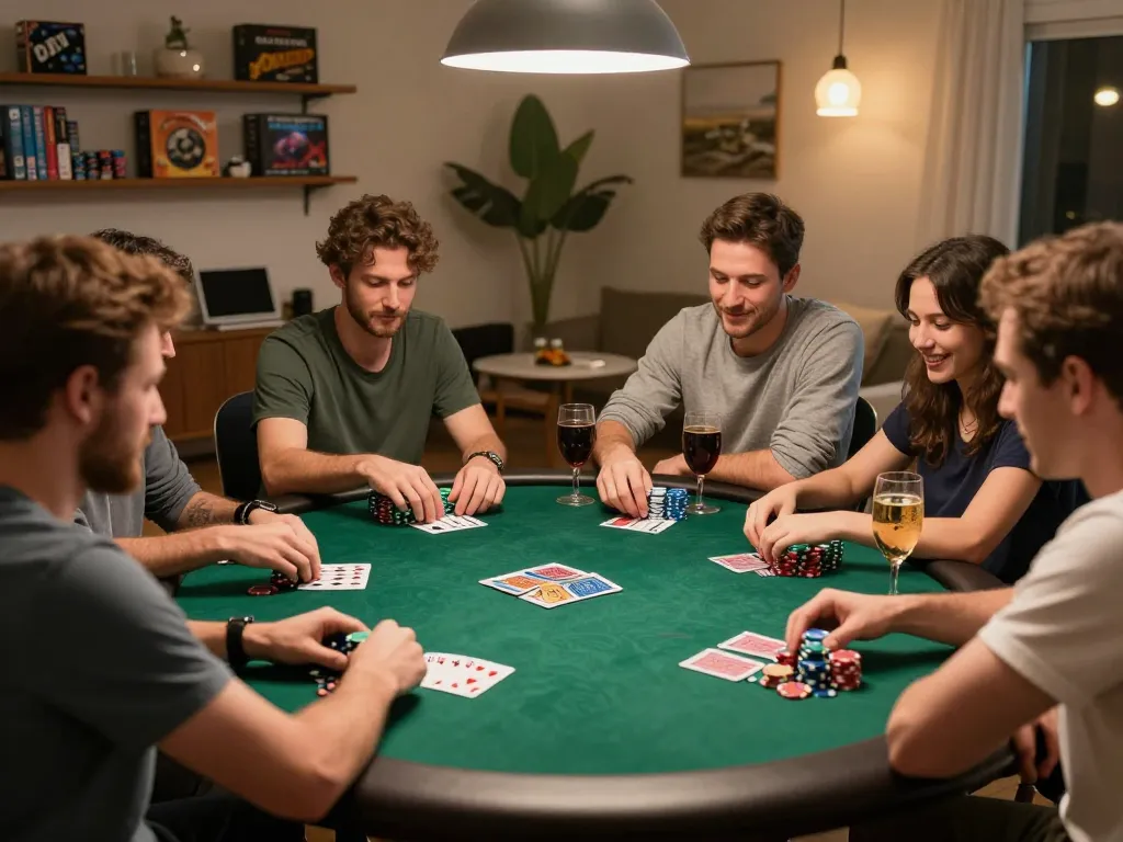 Feel the excitement of a LuckyWin poker night with friends, showcasing vibrant gameplay and camaraderie.