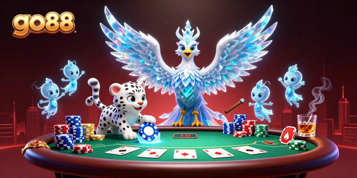 Experience go 88 with an ice phoenix and poker action in a vibrant casino scene.