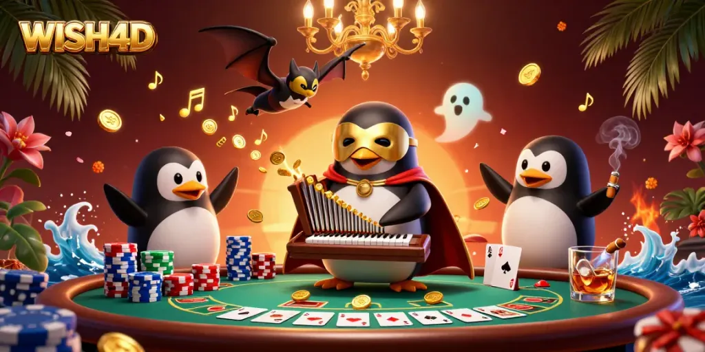 WISH4D showcases a 3D cartoon penguin playing an organ amidst gold coins, making for a vibrant casino scene.