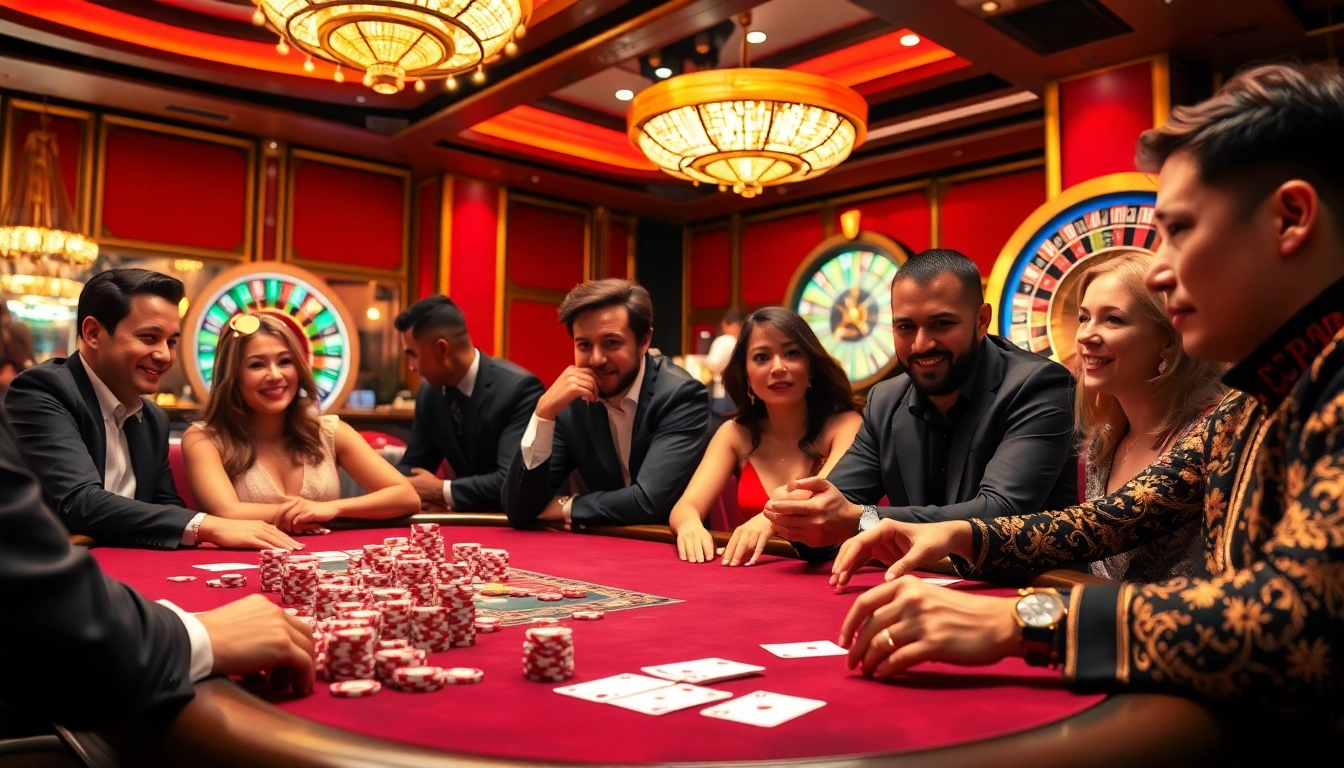 Players strategize their moves with CM88 chips on a luxurious casino table under vibrant lighting.