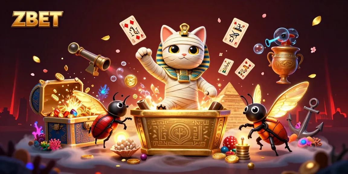 ZBET captures the excitement of gaming with Egyptian-themed characters amidst sparkling treasures.