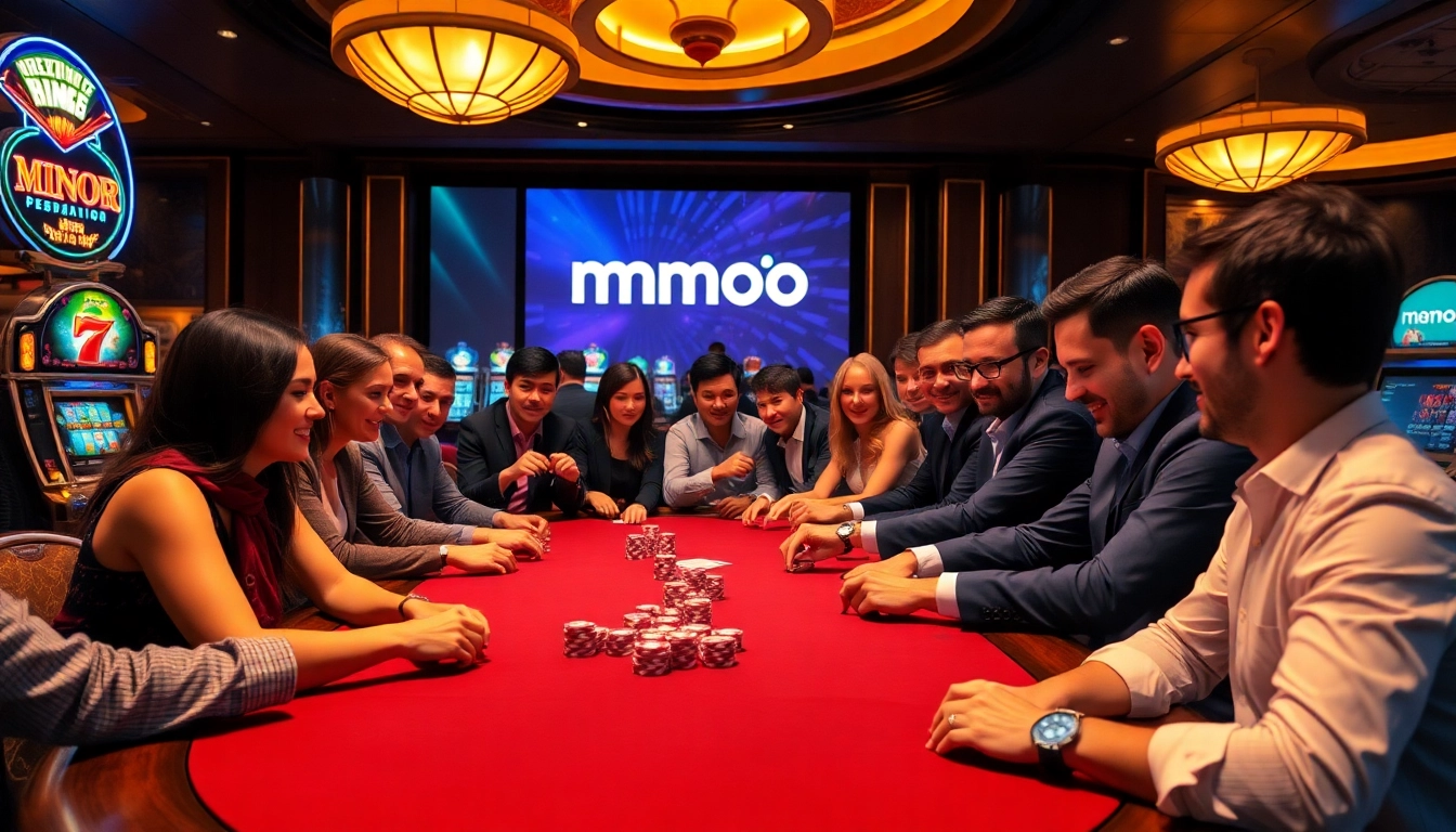 MMOO players enjoying high-stakes poker tournament under warm lighting, surrounded by colorful chips.