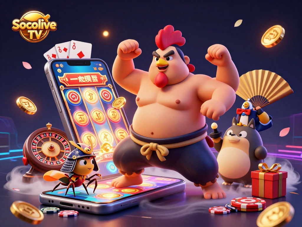 Socolive TV showcases a dynamic scene with a sumo wrestler rooster, a fierce cricket, and a tanuki announcer in a rich casino atmosphere.
