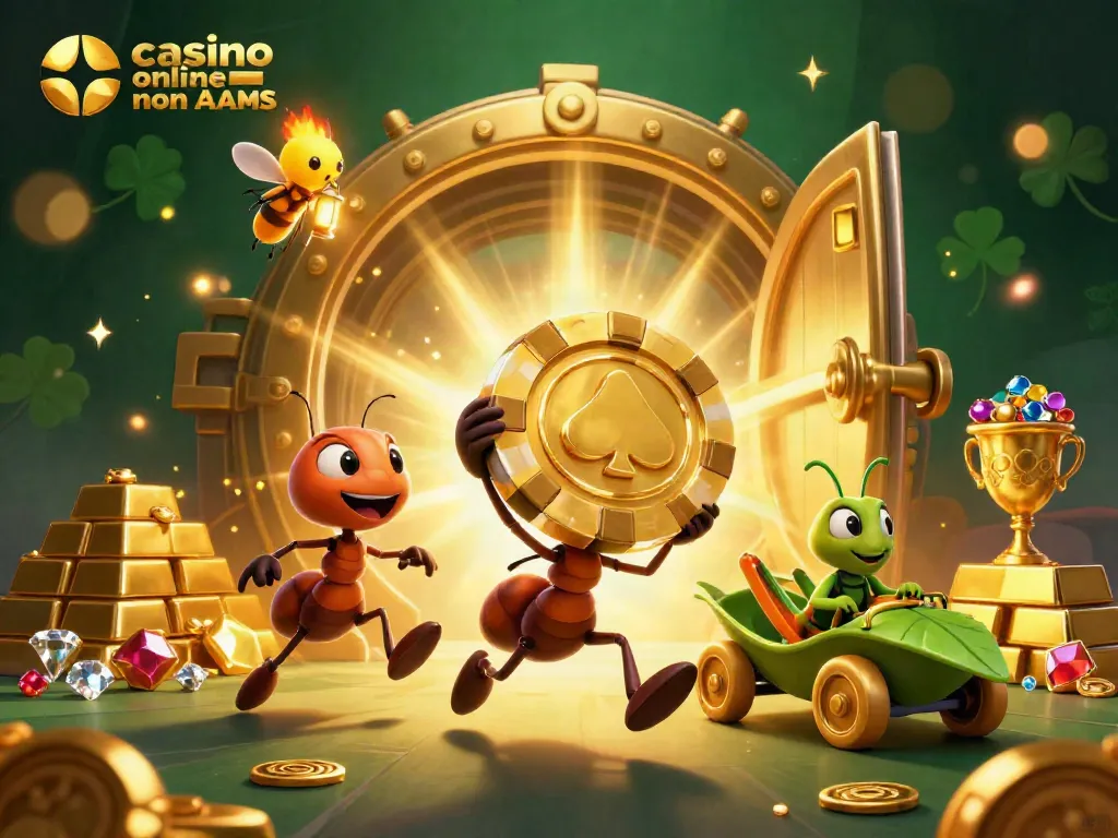 Gioco avvincente in un casino online non AAMS con formiche che fuggono con delle fiches dorate.